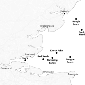 Map of the Thames Estuary showing the locations of the Manusell Forts